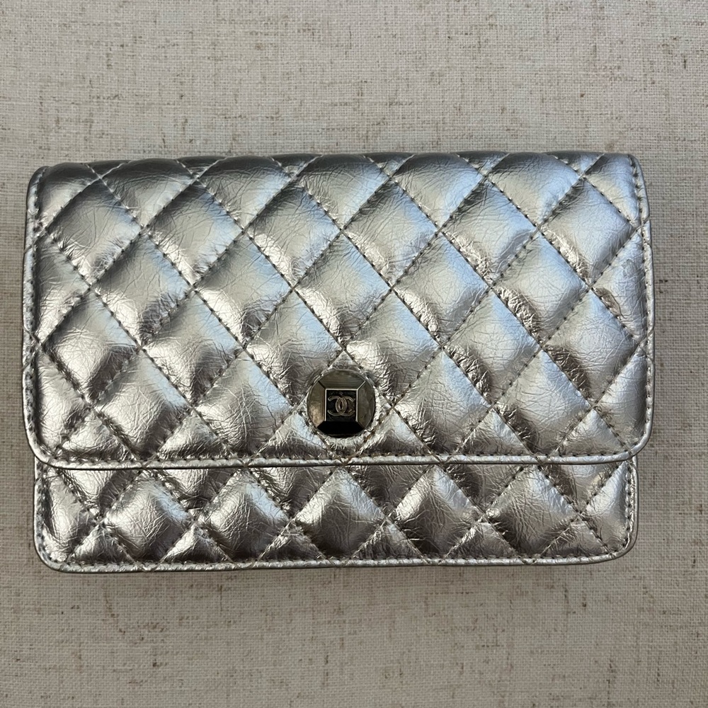 Silver Leather Quilted Clutch